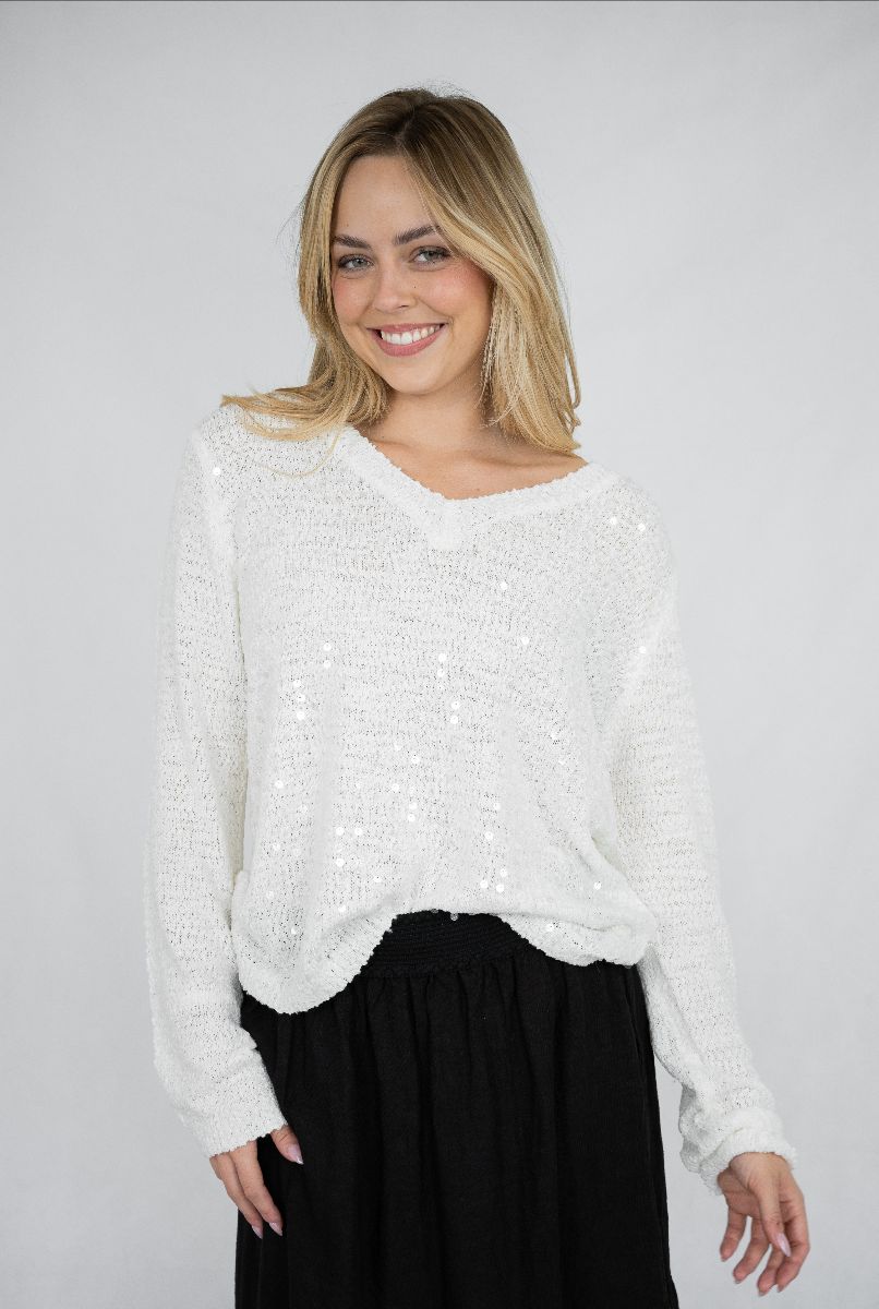 Sequin Vee Knit- Vintage White