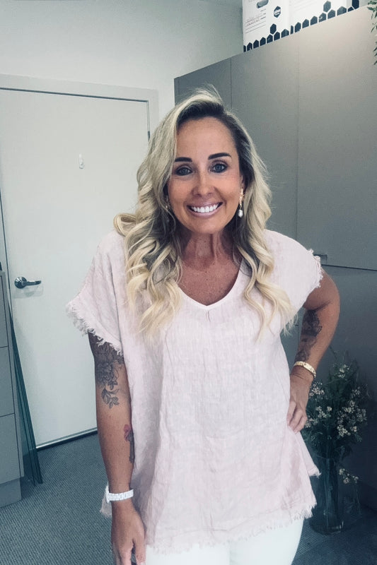 Linen Frayed Vee Top- Pink