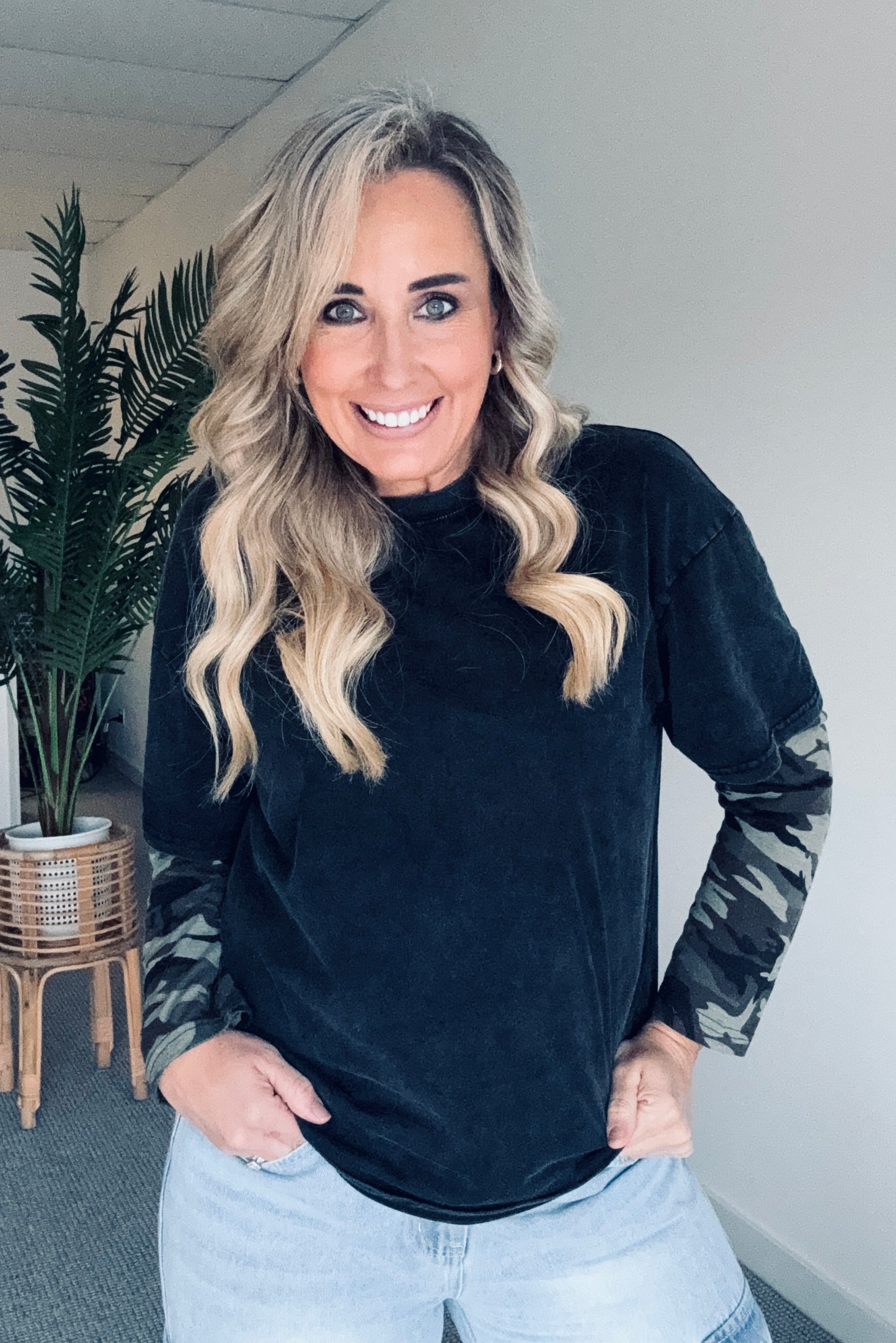 Double Sleeve Camo L/S Top- Washed Black