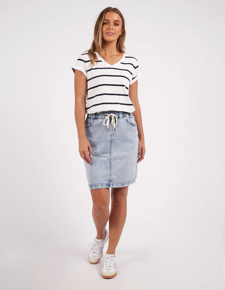 Manly Stripe Vee Tee- White/Navy Stripe