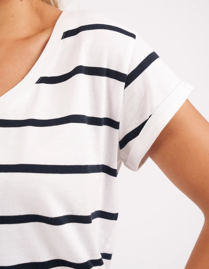 Manly Stripe Vee Tee- White/Navy Stripe