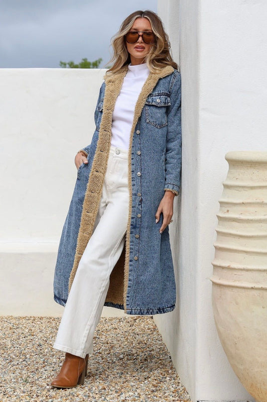 Long Fur Lined Denim Jacket