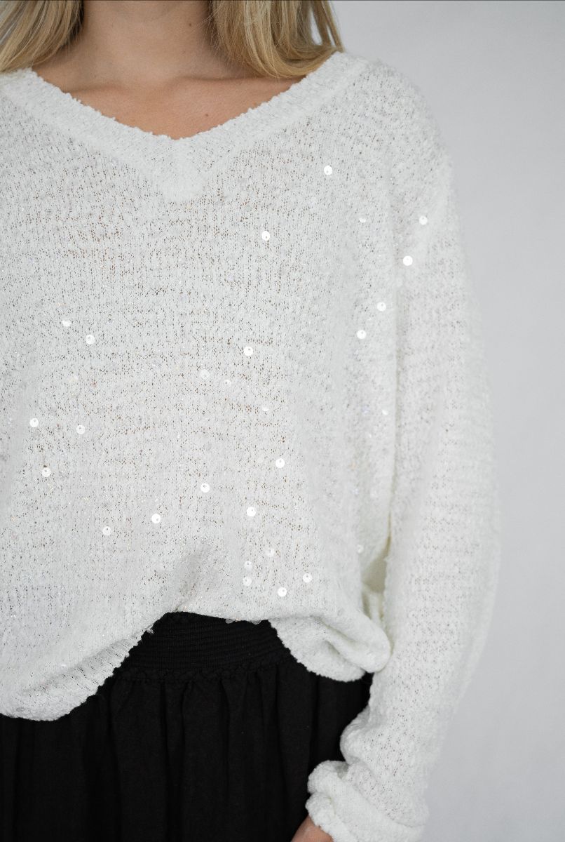 Sequin Vee Knit- Vintage White