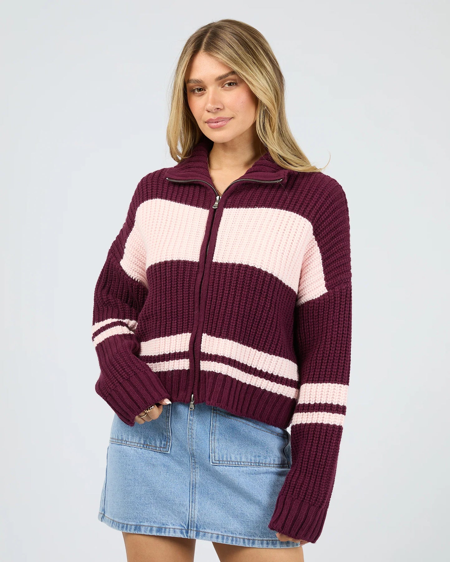 Aida Knit Zip Thru- Wine