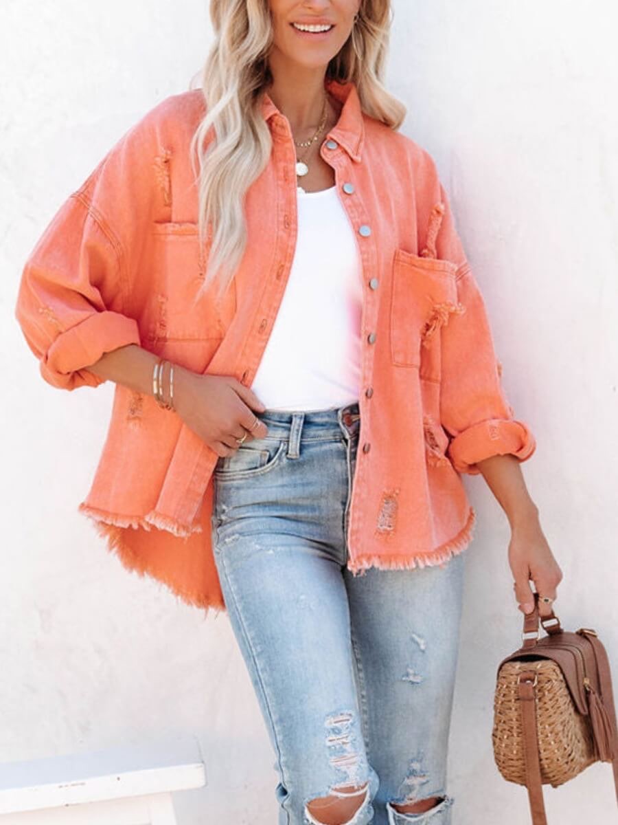 Frayed Denim Shacket - Orange