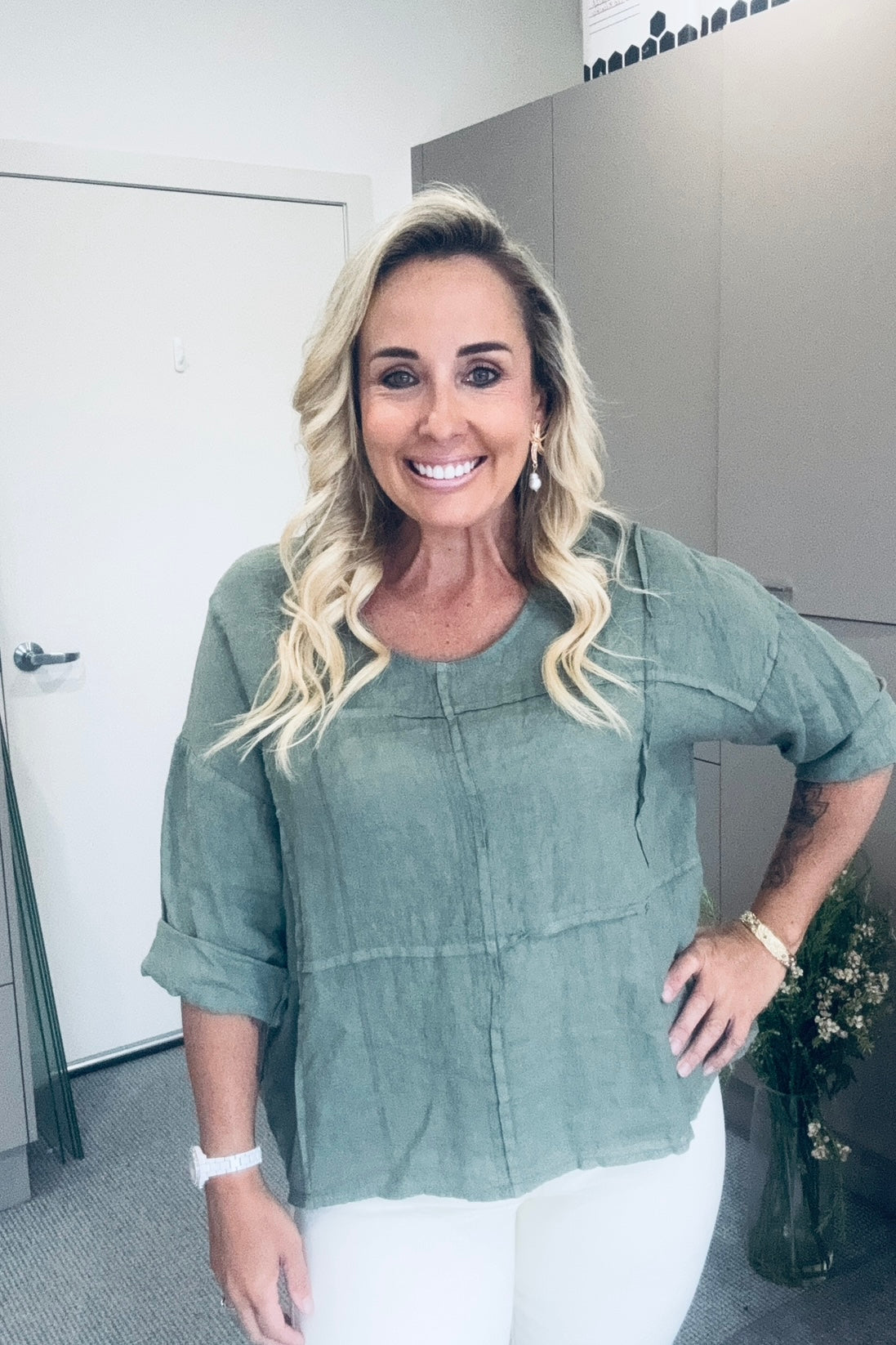 Bianca Pocket Linen Top- Khaki