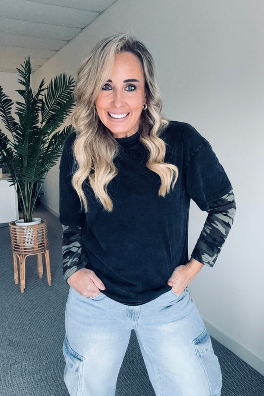 Double Sleeve Camo L/S Top- Washed Black
