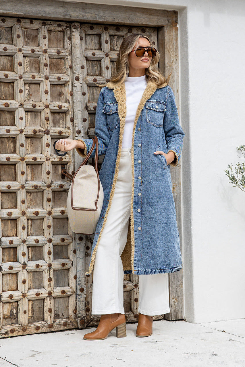 Long Fur Lined Denim Jacket
