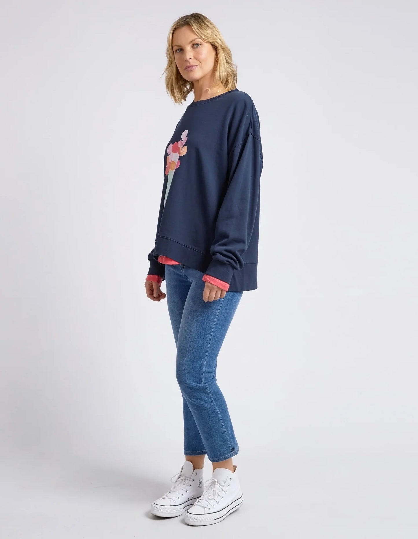 Janey Floral Crew- Navy