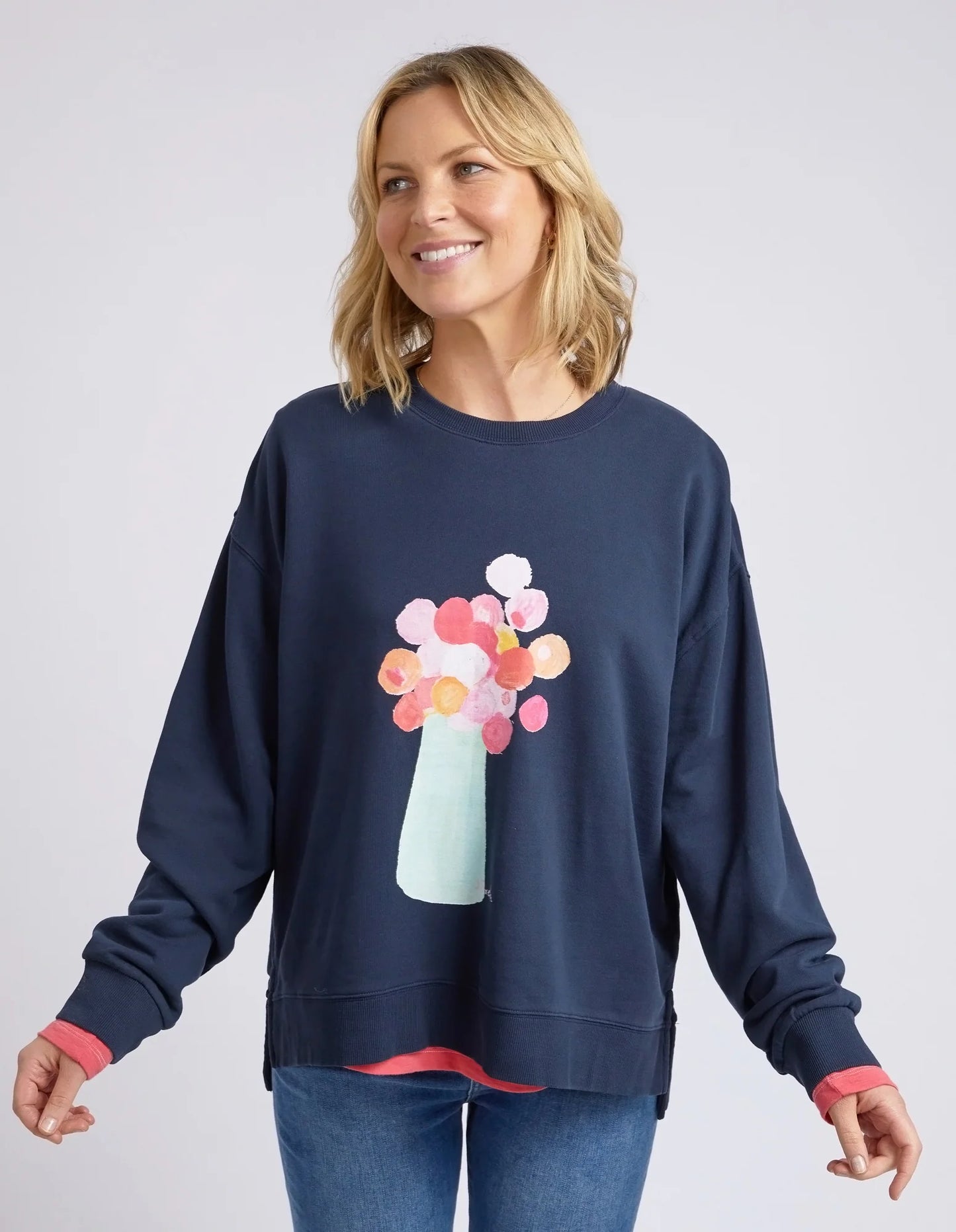 Janey Floral Crew- Navy