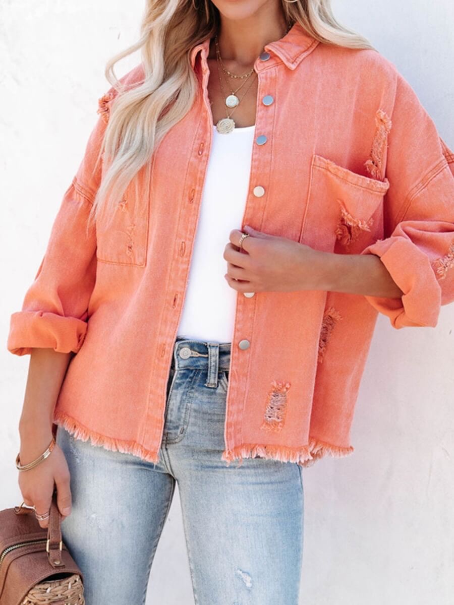 Frayed Denim Shacket - Orange