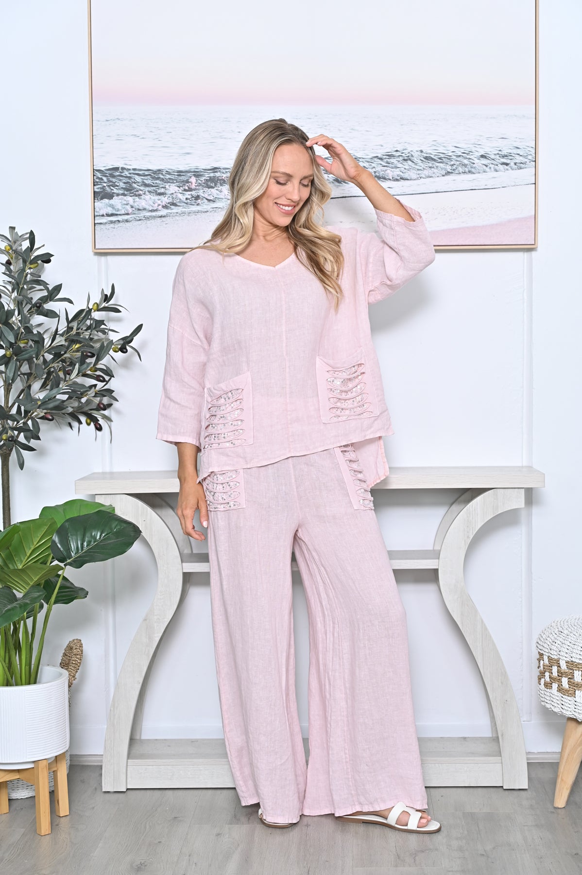 Italian Linen Sequin Pocket Top- Pink