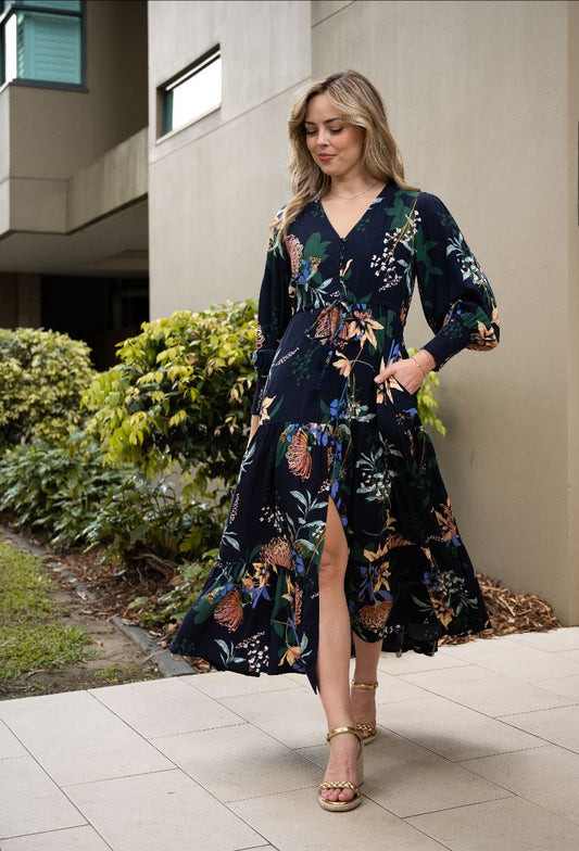 Navy Floral Long Sleeve Dress