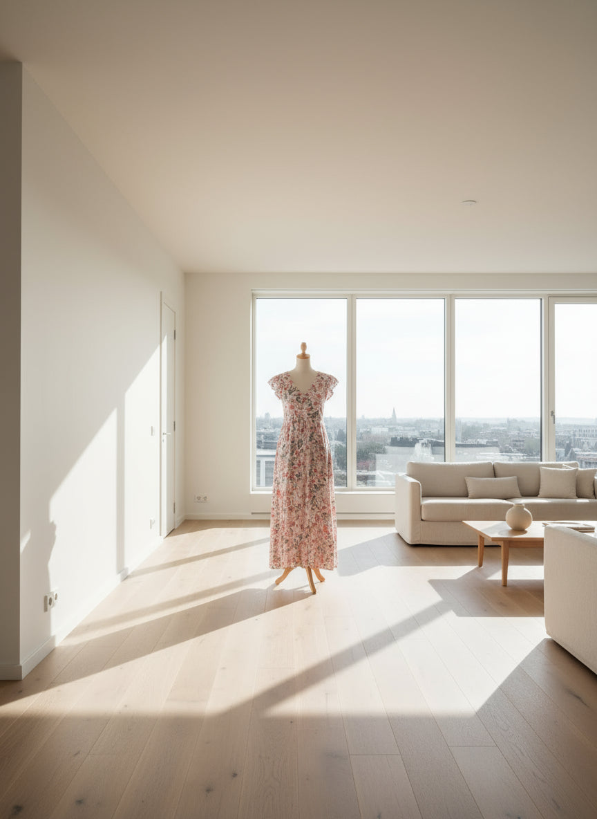 Woman in a floral dress standing in a kitchen