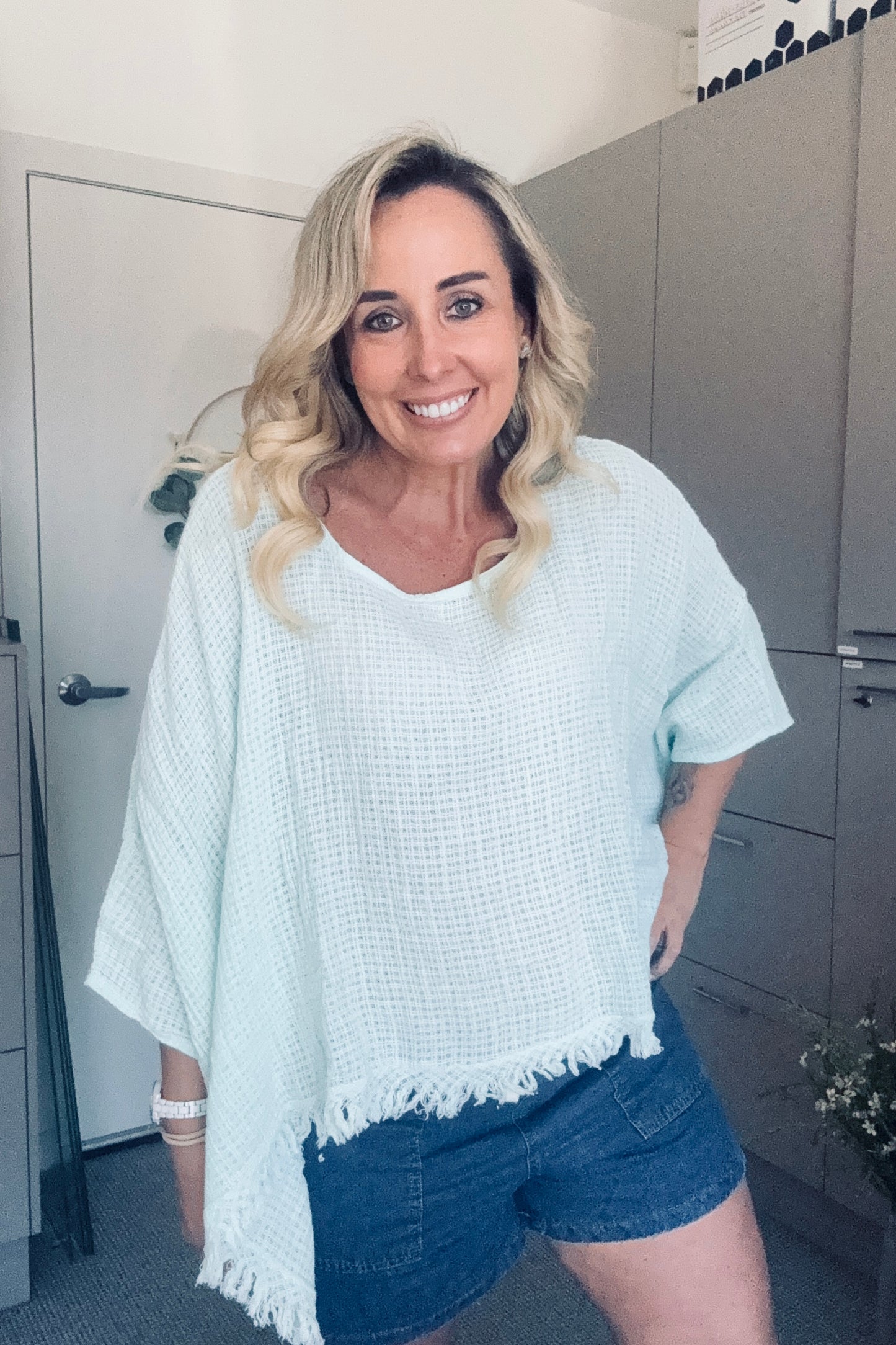 Linen Rosa Top- Aqua