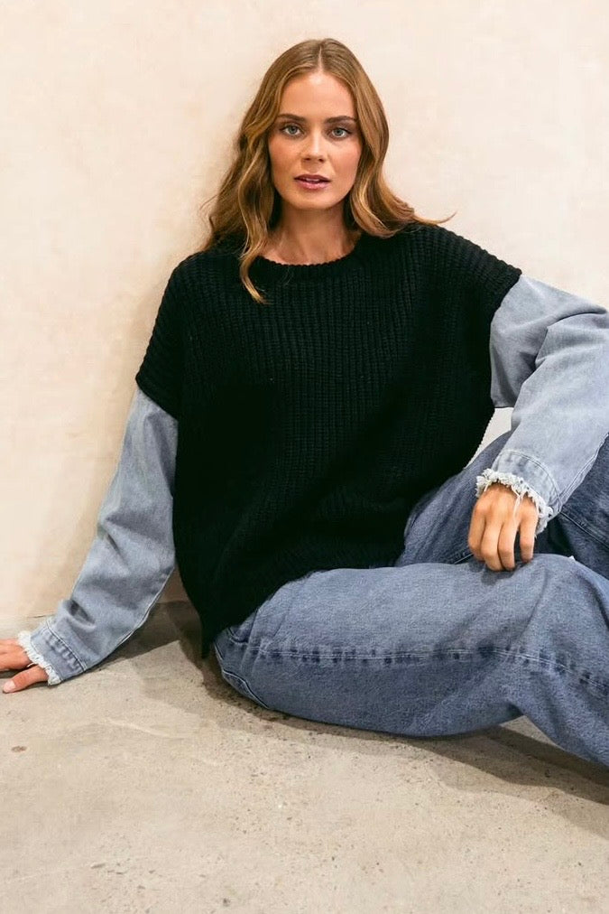 Denim Sleeve Knit - Black