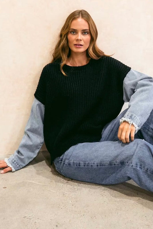 Denim Sleeve Knit - Black