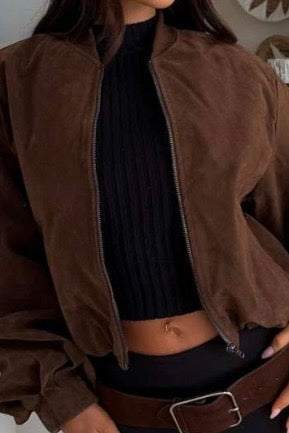 Crop Bomber Jacket - Chocolate