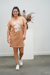Stella T-Shirt Dress - Tan with Floral Print