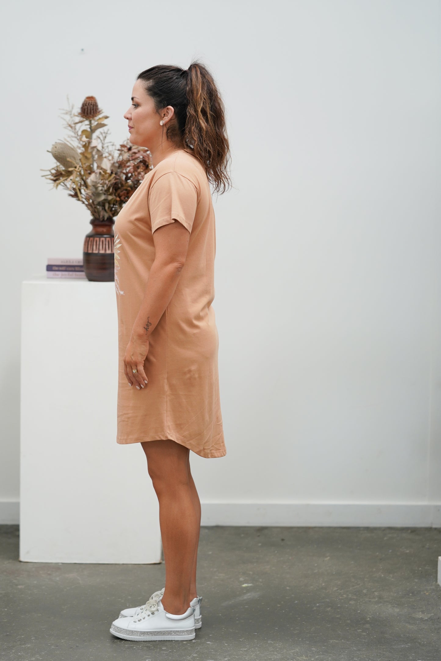 Stella T-Shirt Dress - Tan with Floral Print