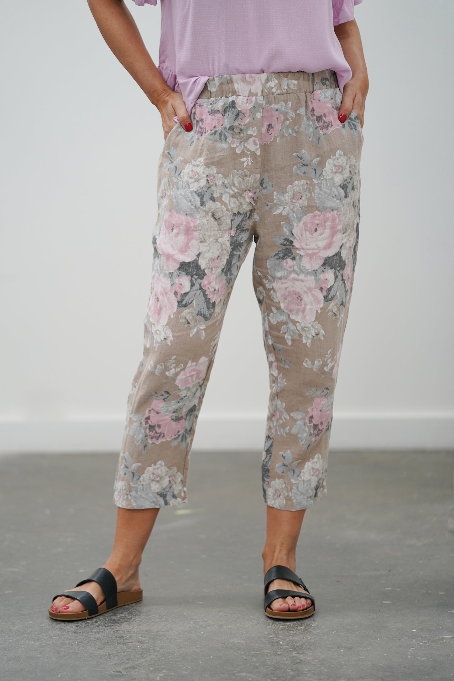 Taylor Floral Linen Pant- Khaki