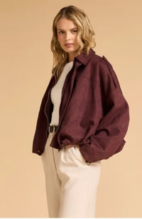 Suede Gather Hem Bomber Jacket - Plum