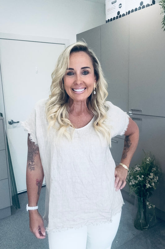 Linen Frayed Vee Top- Ecru