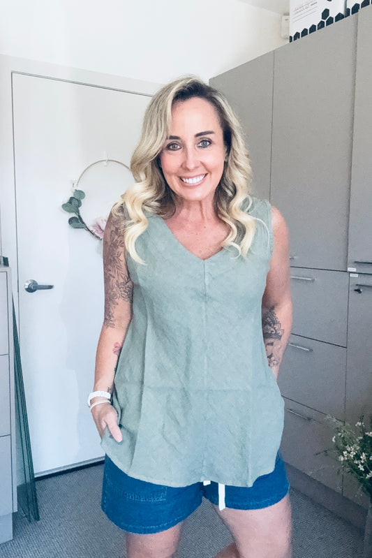 Linen Vee Tank - Khaki
