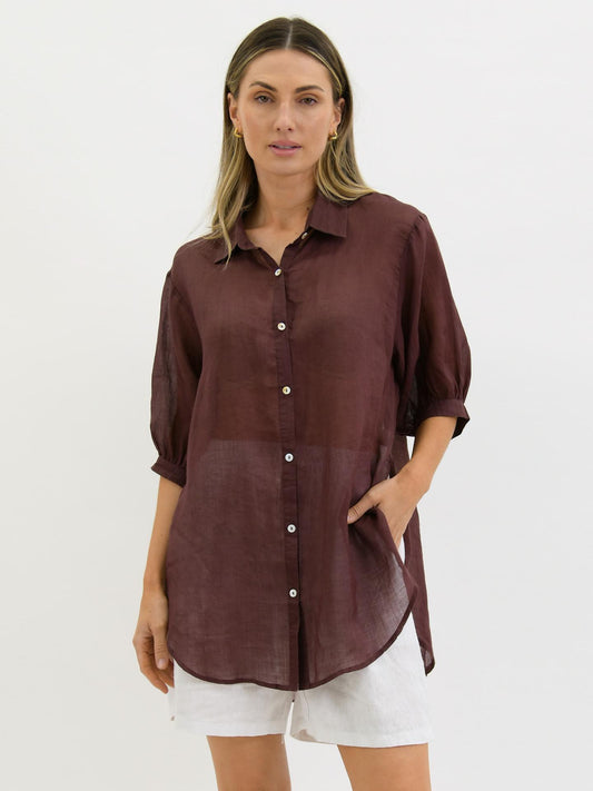 Lara Linen Collar Shirt - Choc