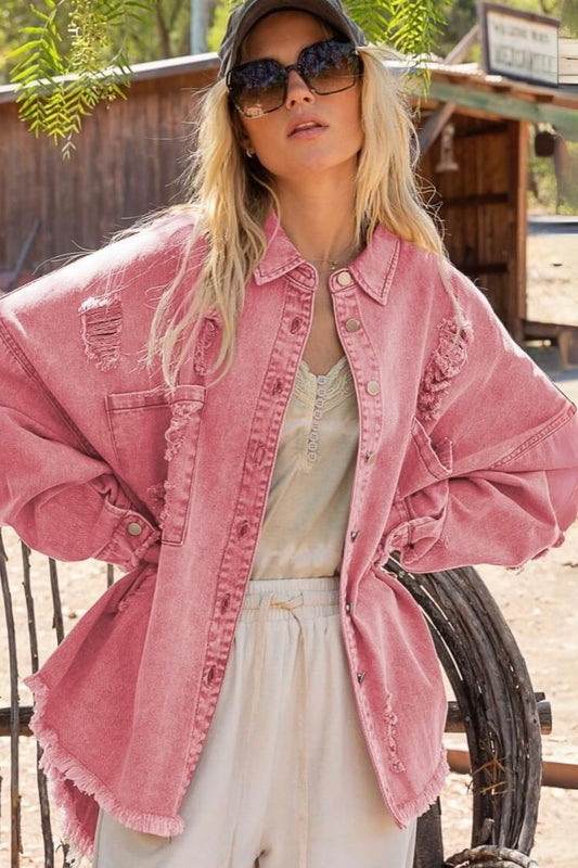 Frayed Denim Shacket - Pink