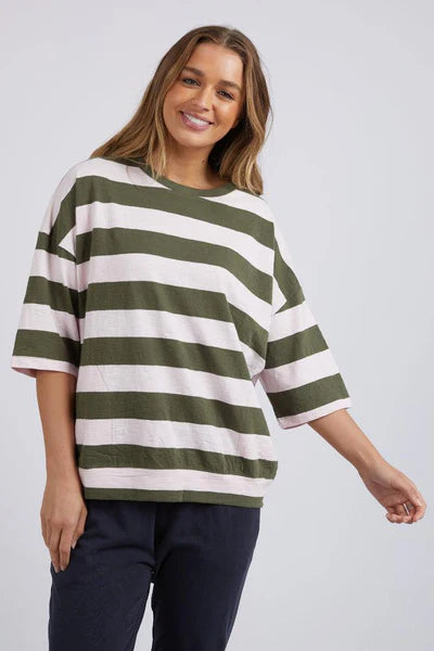 Mazie Block Stripe Sweat- Blossom/Khaki Stripe