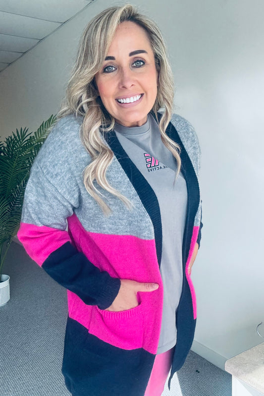 Colour Block Cardi- Navy/Pink/Grey