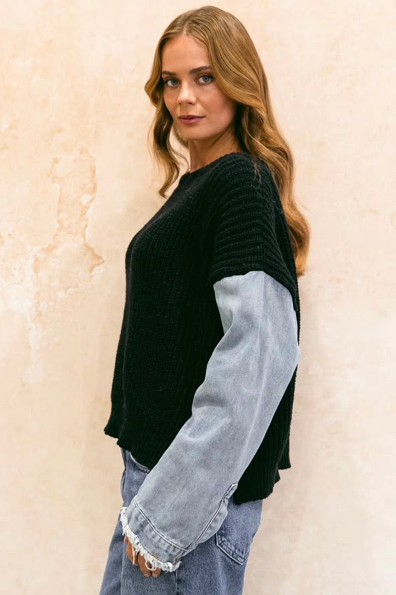 Denim Sleeve Knit - Black