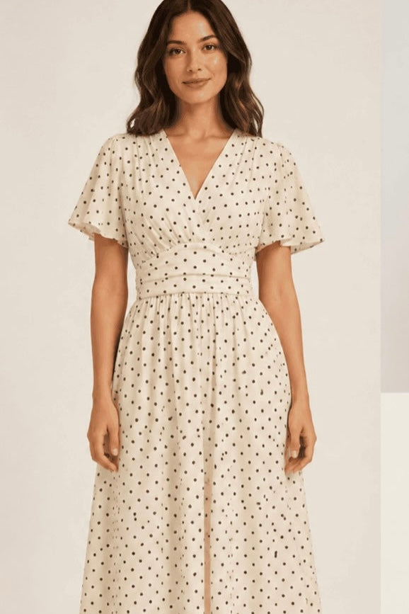 Polka Dot Pocket Dress- Cream/Choc