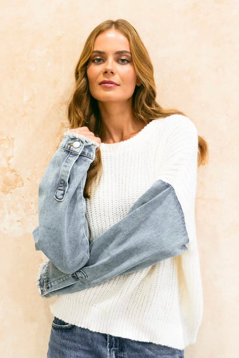 Denim Sleeve Knit - White