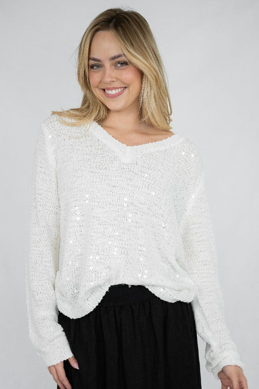 Sequin Vee Knit- Vintage White