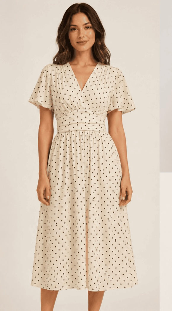 Polka Dot Pocket Dress- Cream/Choc