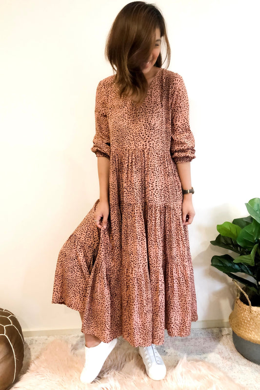 Leopard Tiered Dress- Earth Pink