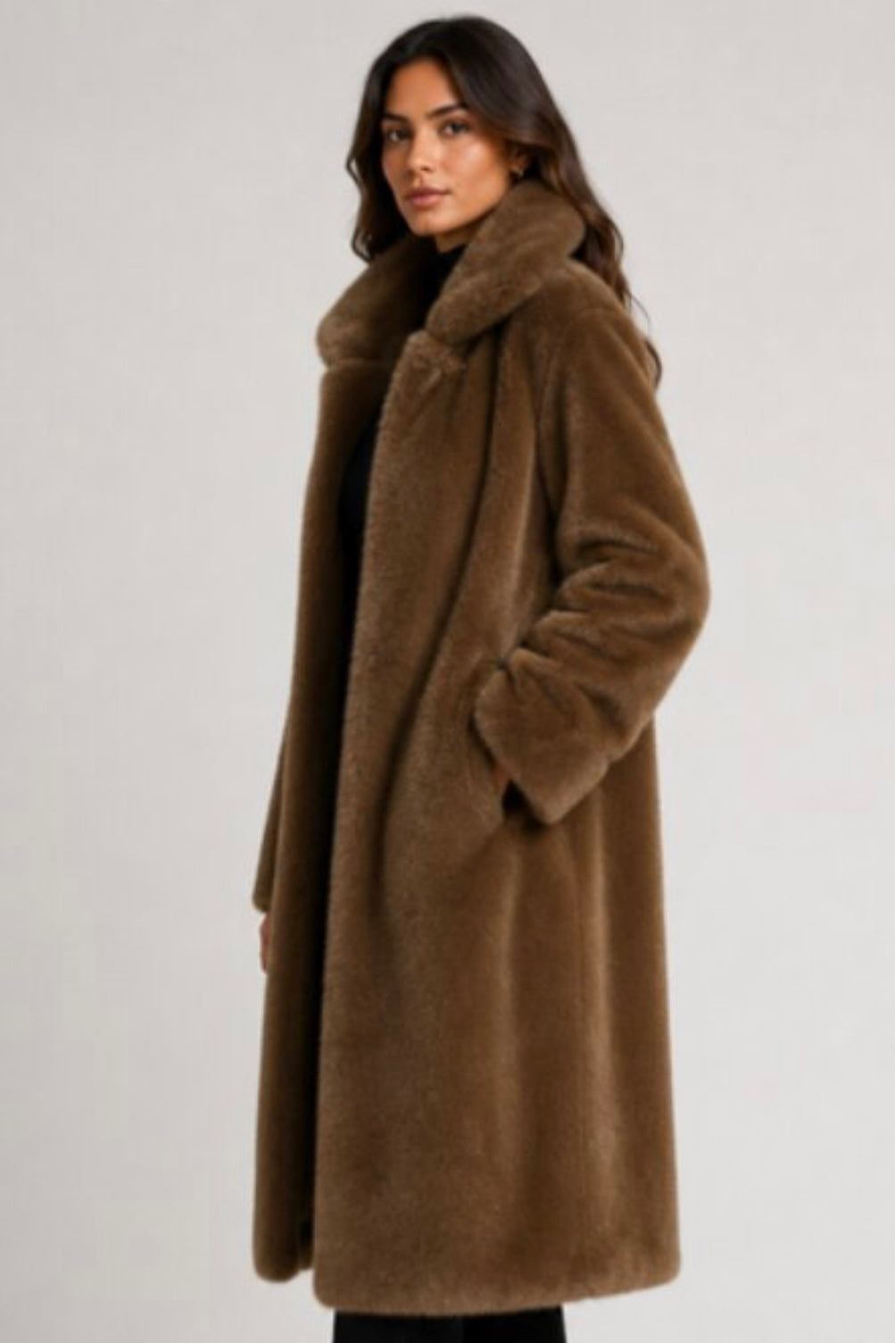 Faux Fur Long Coat- Mocha