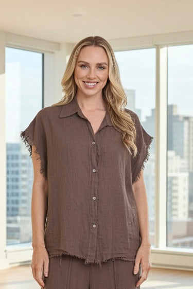 Frayed Linen Shirt- Coffee