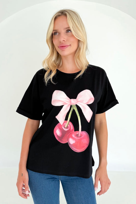 Ribbon Cherry Tee- Black