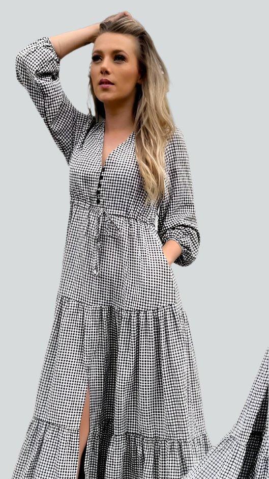 Gingham L/S Dress- Black/White