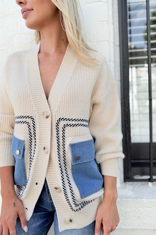 Oversized Denim Detail Cardi- Ocean Cream