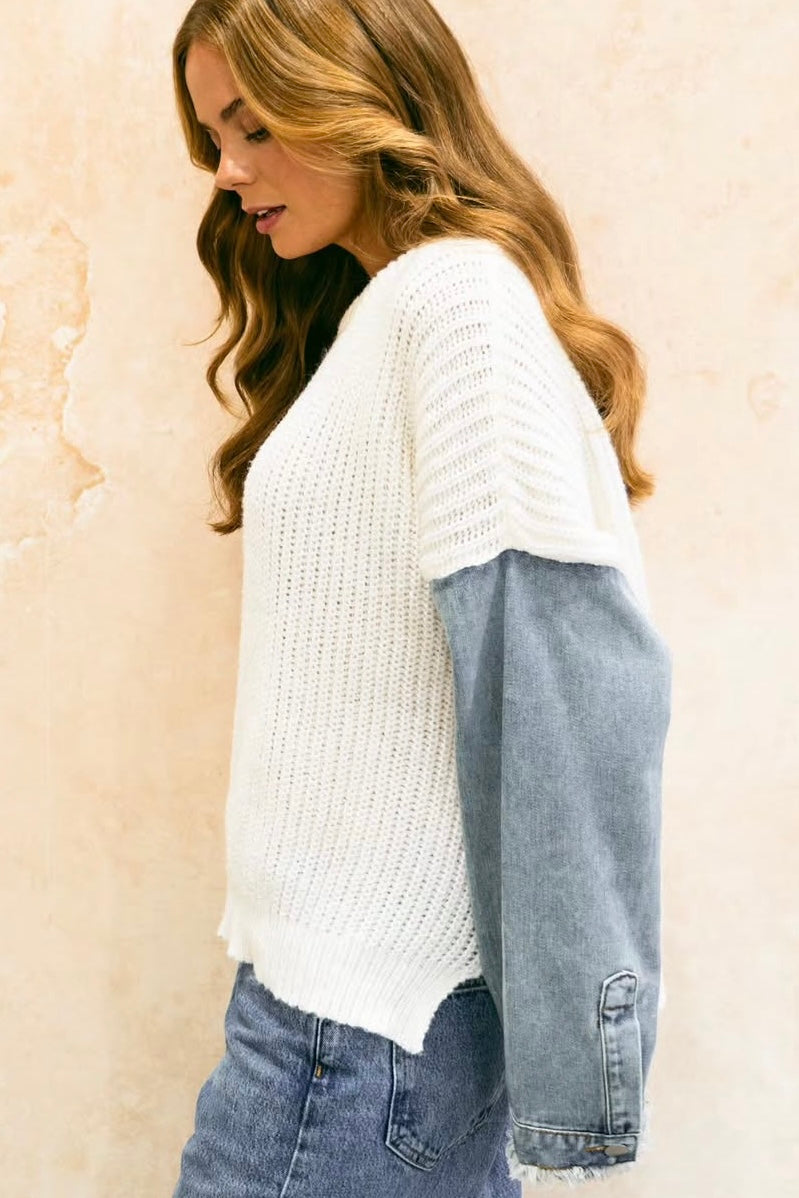 Denim Sleeve Knit - White
