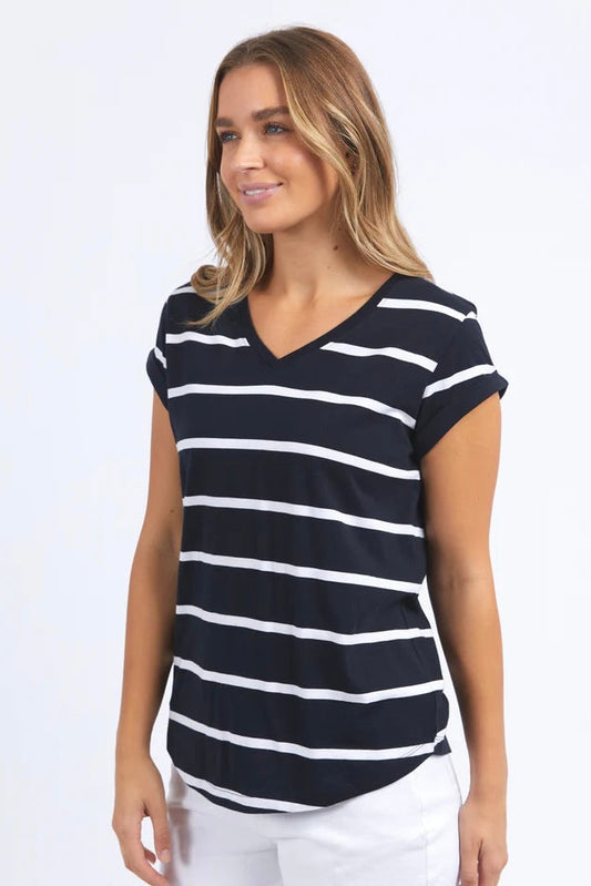 Manly Stripe Vee Tee- Sapphire/White