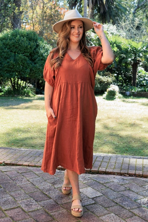 Italian Linen Lucy Dress- Rust