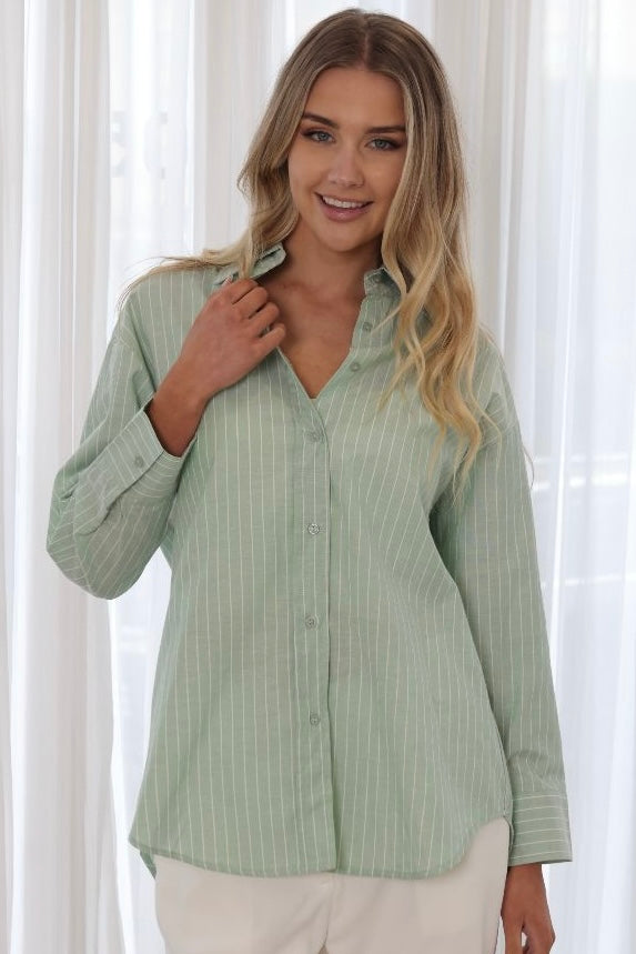 Oxford Stripe Shirt- Sage