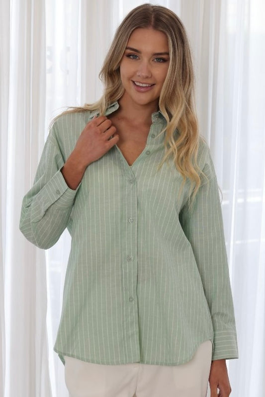 Oxford Stripe Shirt- Sage