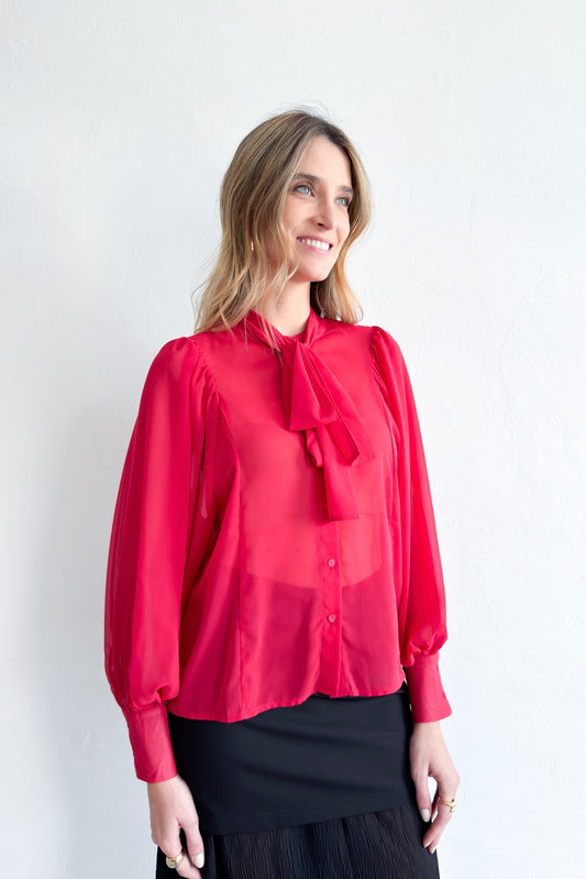 Chiffon Bow Shirt- Red