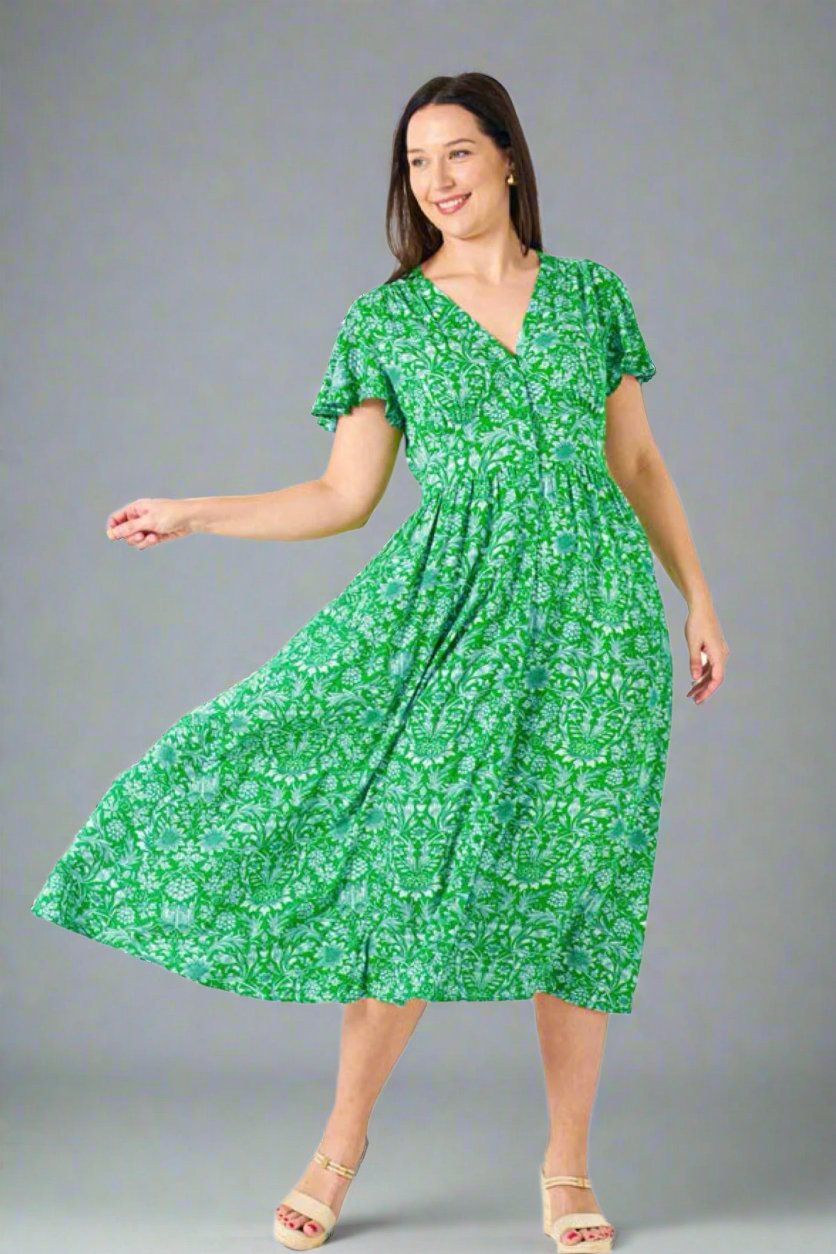 Aster Button Dress - Green/White